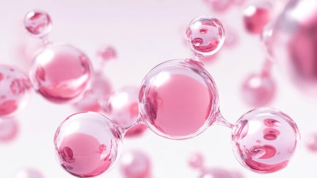 Transparent pink molecules, soft blush background, peptide structure, collagen science, skincare research, nanotechnology, serum macro, clean lab setting, cosmetic chemistry, hydration focus