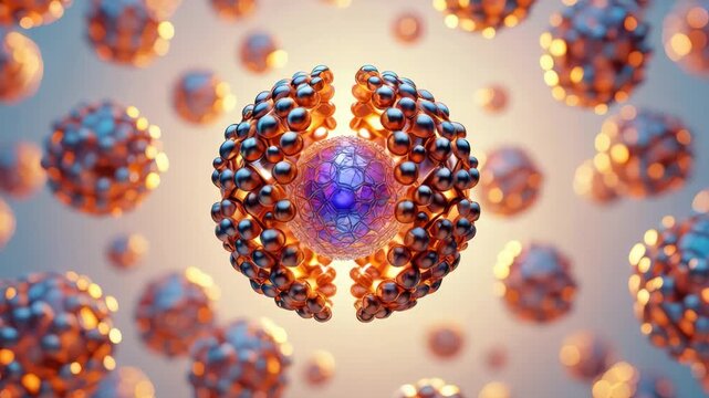 Nanoparticle cluster around a glowing core, metallic beads forming a protective shell, molecular self-assembly, nanoscale encapsulation, targeted delivery research, catalytic surface dynamics