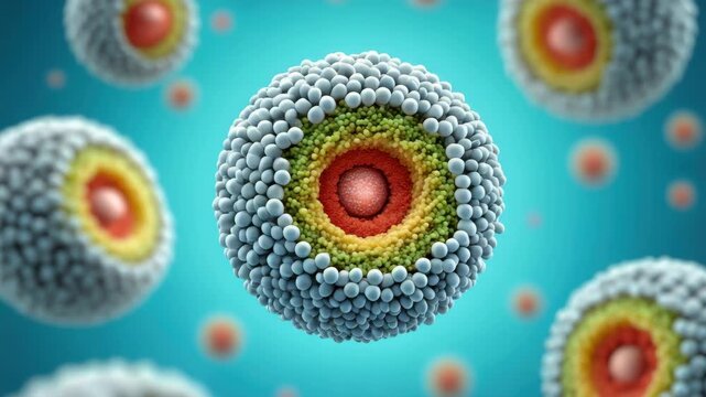 layered micelle sphere on turquoise background, liposome structure, concentric core shell, nanotechnology, drug delivery, cosmetic science, molecular research, colloidal chemistry, biophysics