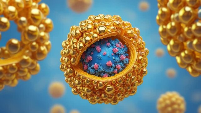 golden liposome cutaway with blue core, nanocarrier capsule, encapsulated peptides, spherical vesicle, molecular clusters, nanomedicine delivery, cosmetic science, lipid membrane, payload