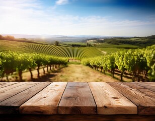 an empty wooden table for product display blurred french vineyard in the background
