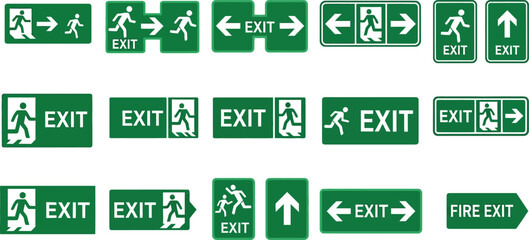 safety signage graphics featuring exit and fire direction icons supporting workplace awareness and emergency planning