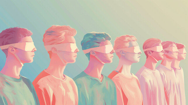 Surreal illustration of a crowd with covered eyes, a metaphor for groupthink and susceptibility to misinformation