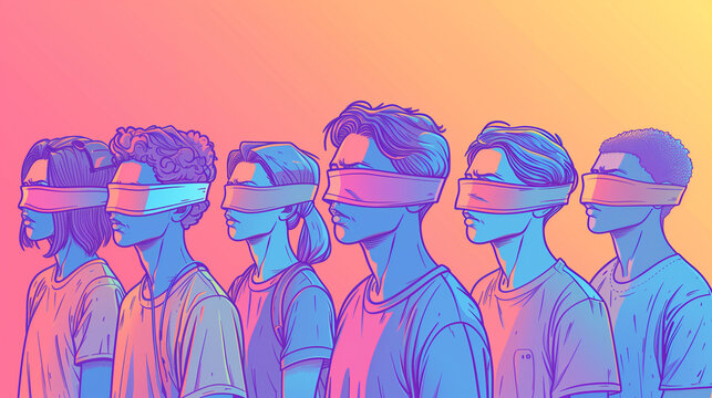 Vibrant illustration of a blindfolded generation, a powerful visual metaphor for conformity and social ignorance