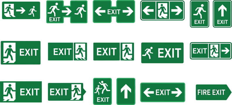 safety signage graphics featuring exit and fire direction icons supporting workplace awareness and emergency planning