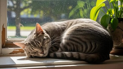 Tabby Cat Napping Peacefully in a Sunny Windowsill. - Powered by Adobe