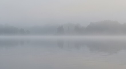 Obraz premium Misty lake reflecting a hazy tree line shrouded in a uniform grey fog