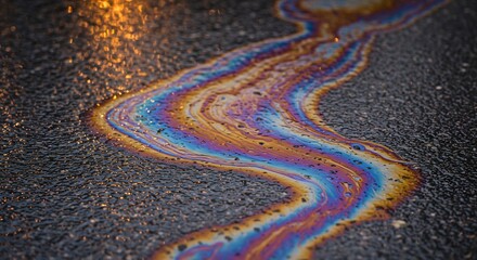 Naklejka premium Multicolored iridescent liquid streak on dark textured surface