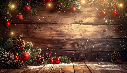 Christmas Ornaments with Red Baubles and Pine Cones on Rustic Wood Background with Sparkling Lights and Artificial Snow for Festive Holiday Season