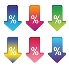 Colorful discount arrows isolated on transparent background set of six arrows pointing down with percentage sign, representing sale, promotion, or price reduction