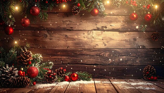 Christmas Ornaments with Red Baubles and Pine Cones on Rustic Wood Background with Sparkling Lights and Artificial Snow for Festive Holiday Season