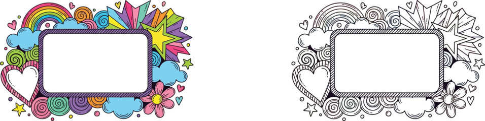 rainbow doodle border filled with stars and hearts bringing fun decorative touch to children's artwork and joyful visuals