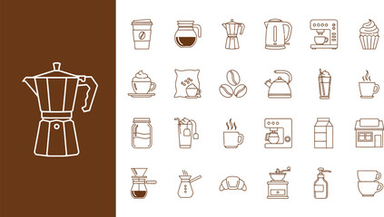 coffee line art icons showing mugs beans and cups adding warmth and morning energy to cafe or lifestyle design themes