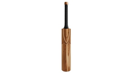 A wooden cricket bat with a black grip stands vertically against a white background