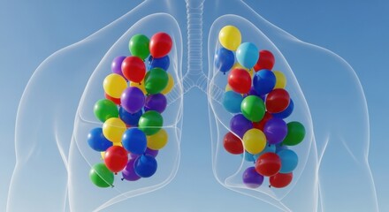 Vibrant Balloons Filling Transparent Lungs, Symbolizing Health and Disease.