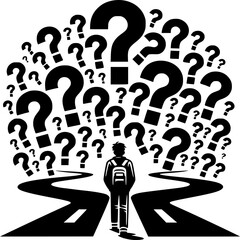 Navigating the Unknown Path: A lone figure gazes upon a road ahead shrouded in question marks, symbolizing the ambiguity and choices that define personal growth. 