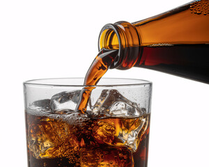 Refreshing dark soda cascades into a glass filled with ice cubes creating a bubbly, thirst quenching beverage experience.