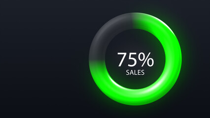 three dimensional glowing green progress circle displays 75% for sales data on a dark background