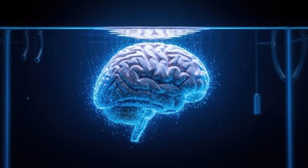 Futuristic Holographic Brain Scan Illuminates Neural Network in Dark, Sci-Fi Laboratory Setting.