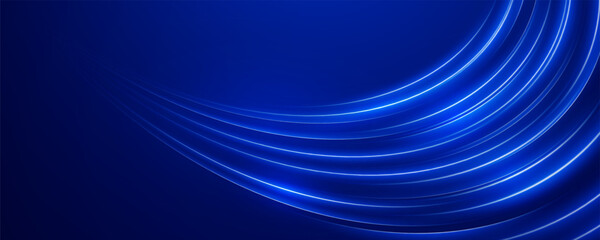 Bright blue neon light lines curving over a dark background