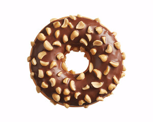 Indulgent chocolate donut generously topped with crunchy roasted peanuts, a delicious treat for any occasion, isolated on white