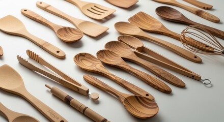Assortment of wooden kitchen utensils and tools arranged aesthetically