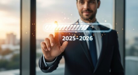 Man's finger touches progress bar 2025-2026 loading, futuristic