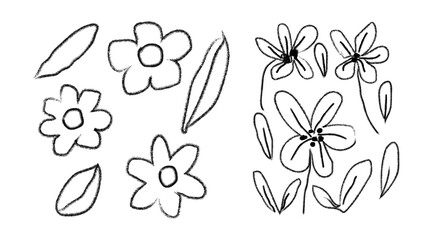 Hand drawn floral elements collection simple flower and leaf sketch designs for art