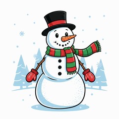 Cute cartoon snowman wearing a top hat scarf and mittens in a snowy forest