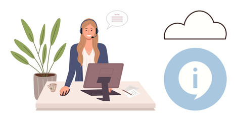 Woman with headset typing at desk, speech bubble suggesting conversation, cloud icon representing digital support. Ideal for customer service, remote work, cloud technology, communication, digital