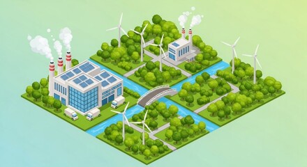 Clean energy city with wind turbines, solar panels, and green spaces