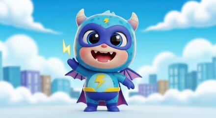 Cute, blue superhero monster with lightning bolt, against a cityscape