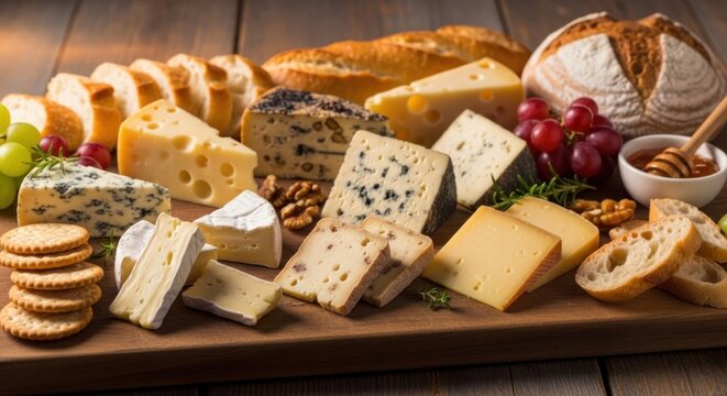 Assortment of cheeses, bread, grapes, nuts, crackers, and honey on wood - Powered by Adobe