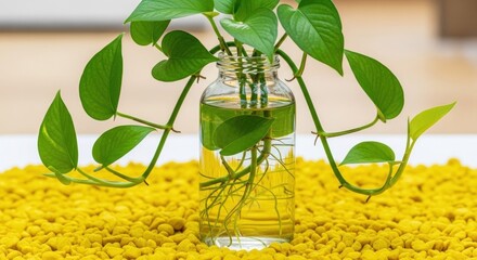Green vine cuttings with roots suspended in water within a clear bottle