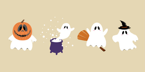 Ghosts in different Halloween costumes. Ghost wearing a witch hat, flies on broom, jumps out of the cauldron, with a pumpkin on his head. Hand drawn vector illustration