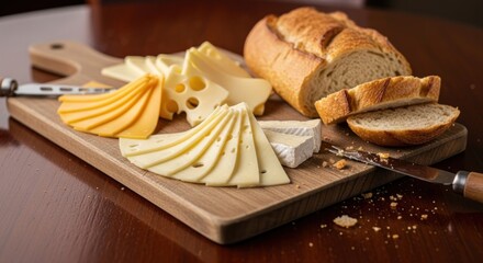 Sliced cheeses and bread arranged on a wooden board