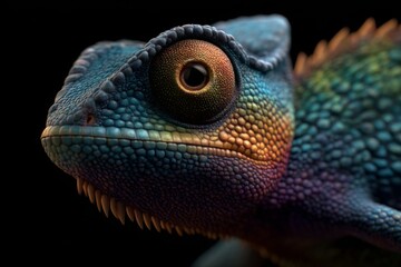 Fototapeta premium Vivid Chameleon Portrait: Macro Texture, Vibrant Colors, and Intense Gaze on Black Background