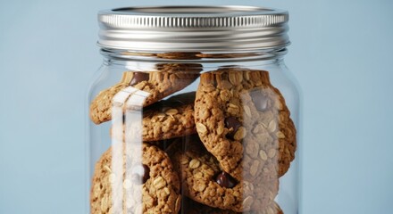 Delicious oatmeal chocolate chip cookies piled high in a clear glass jar