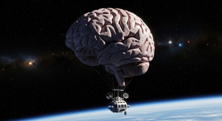 Brain-shaped hot air balloon floating in space above Earth, surreal concept.