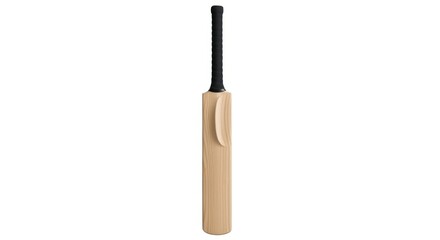 A wooden cricket bat with a black handle stands vertically against a white background