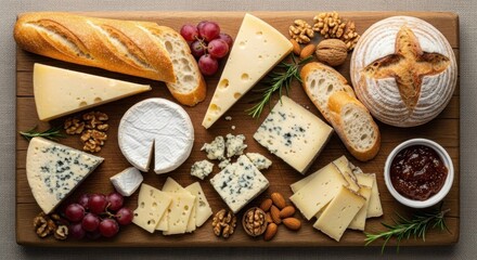 Assortment of cheeses, bread, nuts, grapes, and jam on a wooden board