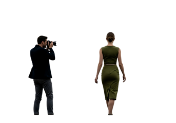 Model walks runway professionally captured by photographer during fashion show event isolated on transparent background