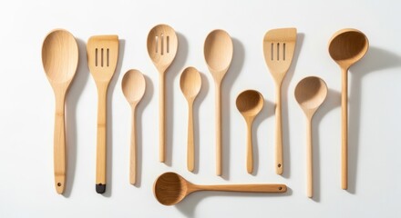 Collection of various wooden kitchen utensils arranged on a white surface