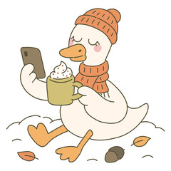 A cartoonish duck wearing a knitted hat and scarf, holding a cup of hot beverage topped with cream while looking at a smartphone.