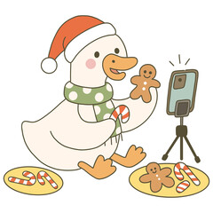 Naklejka premium A festive duck wearing a Santa hat holds a gingerbread cookie while taking a selfie with a smartphone, surrounded by candy canes and more cookies.