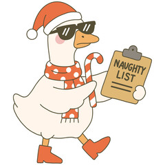 A festive duck dressed in a Santa hat and sunglasses, holding a clipboard labeled 