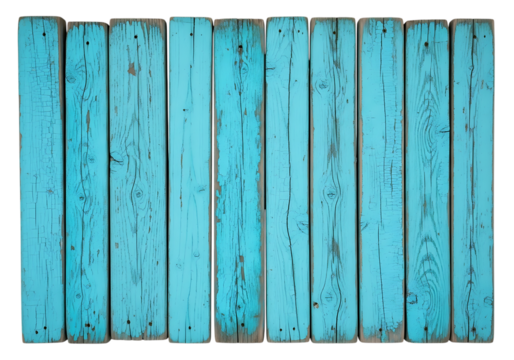 Bright turquoise wooden planks arranged vertically textured surface for design background isolated on transparent background