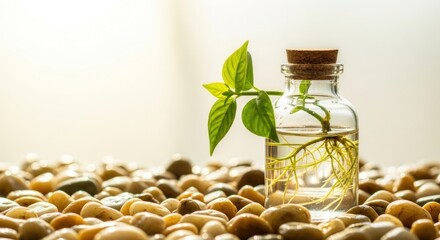 Small plant growing roots in water inside glass bottle on pebbles