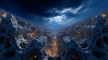 Surreal fractal landscape at twilight, illuminated by warm interior lights beneath a dramatic cloudy sky.