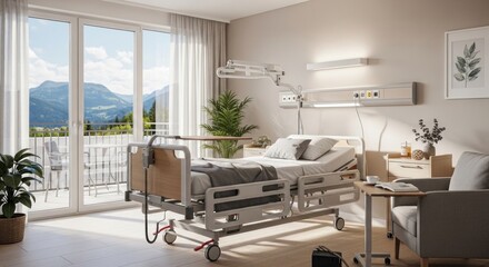 Modern hospital room with adjustable bed, mountain view balcony, and natural light